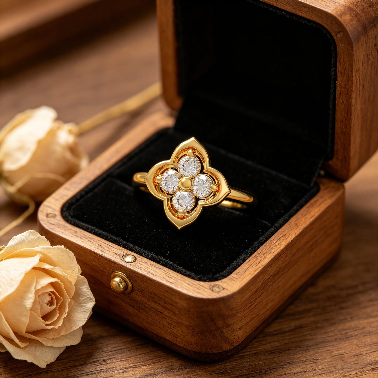10K/14K Yellow Gold Clover Lab-Grown Diamond Ring, 0.2 CTW, Song Dynasty Inspired Promise Ring