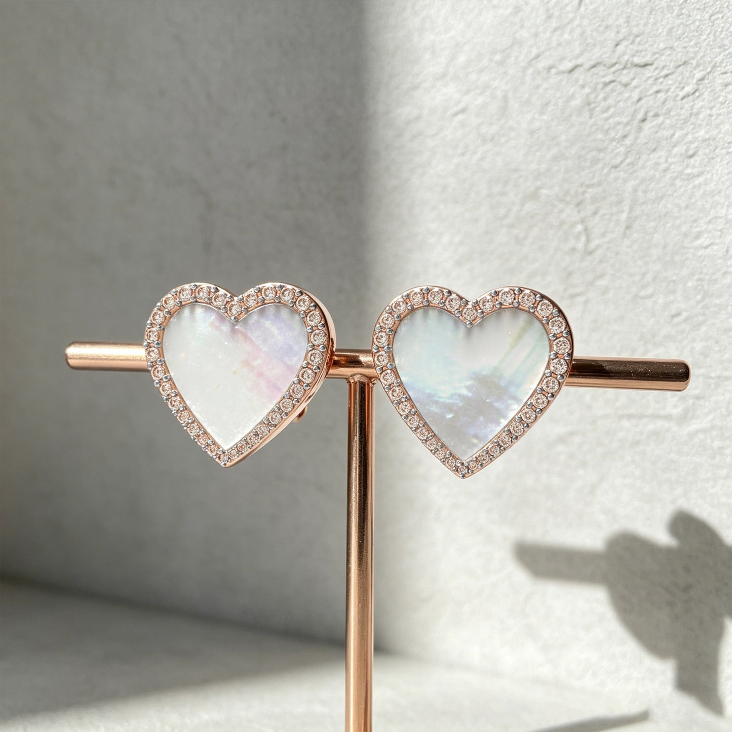 Heart Stud Earrings, 10K/14K Rose Gold, 0.4ct Lab Grown Diamond Halo & Mother of Pearl, Daily Wear Earrings for Women