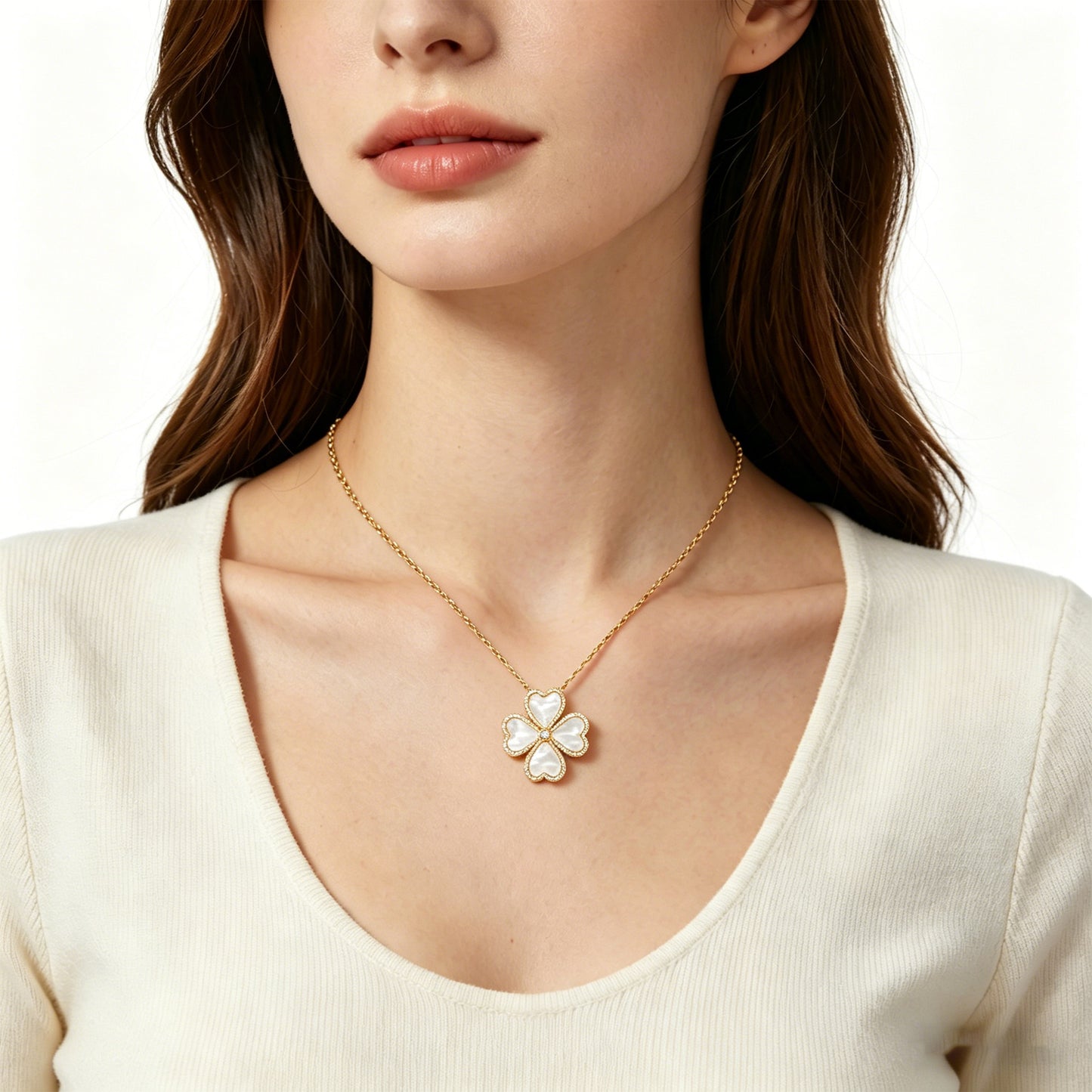 10K 14K Yellow Gold Heart Pendant Necklace, 0.5CT Lab Grown Diamond with 4 Natural Mother of Pearl Handmade Fine Jewelry 中文