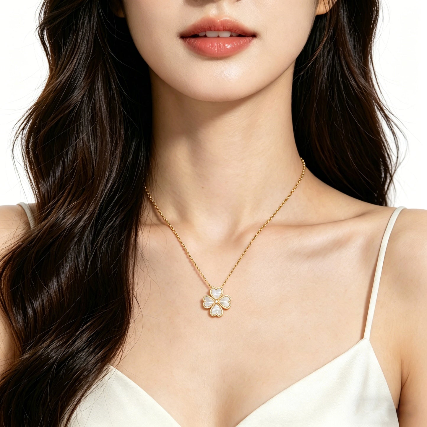 10K 14K Yellow Gold Heart Pendant Necklace, 0.5CT Lab Grown Diamond with 4 Natural Mother of Pearl Handmade Fine Jewelry 中文
