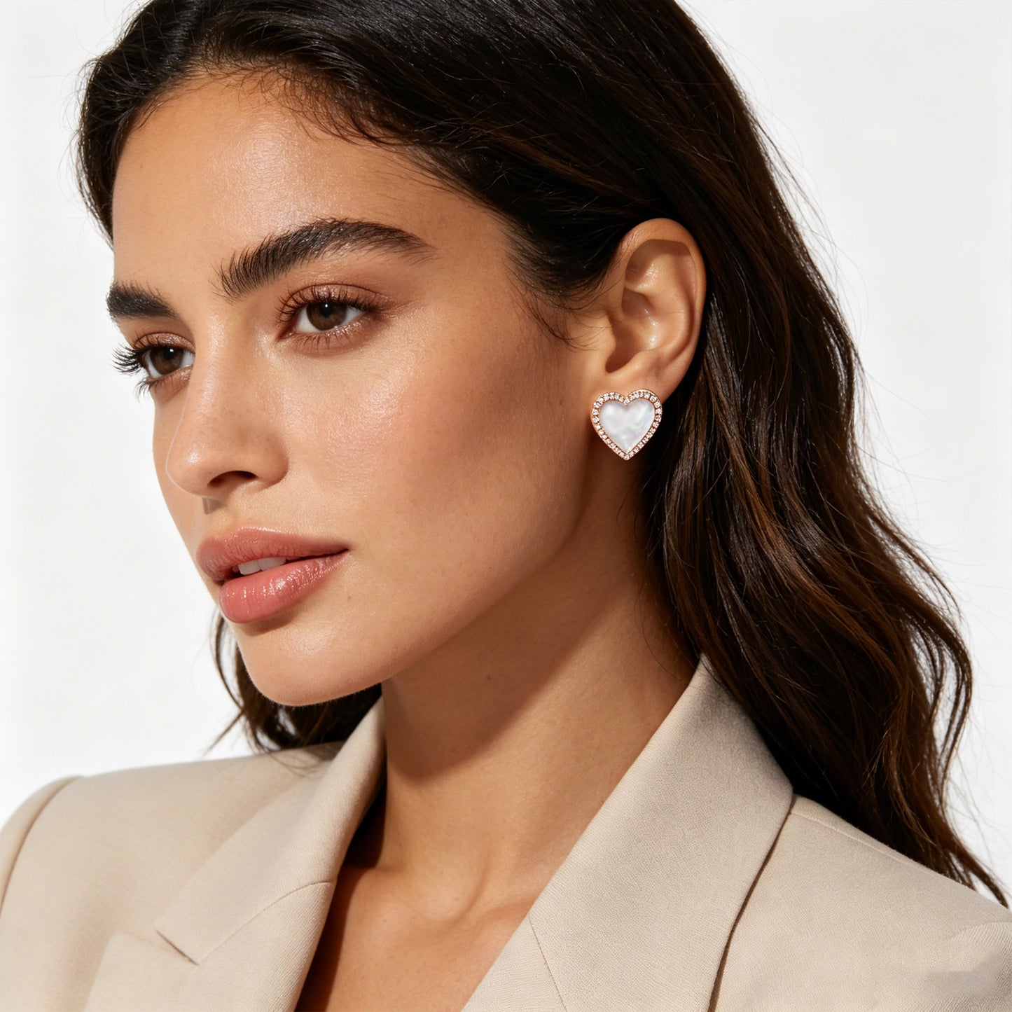 Heart Stud Earrings, 10K/14K Rose Gold, 0.4ct Lab Grown Diamond Halo & Mother of Pearl, Daily Wear Earrings for Women