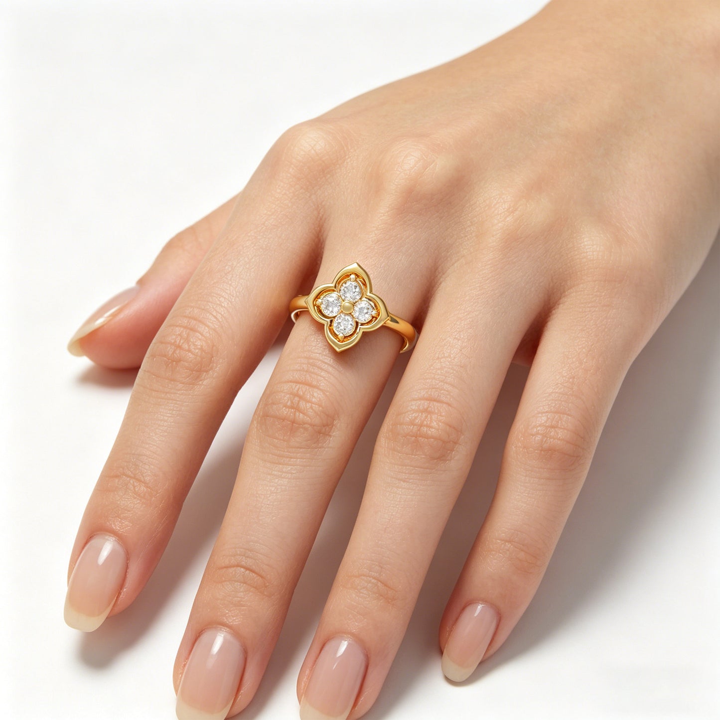 10K/14K Yellow Gold Clover Lab-Grown Diamond Ring, 0.2 CTW, Song Dynasty Inspired Promise Ring