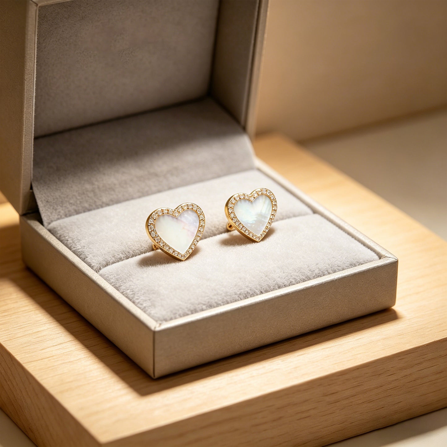 10K/14K Yellow Gold Heart Stud Earrings, 0.4ct Lab Grown Diamond & Mother of Pearl, Daily Jewelry for Women