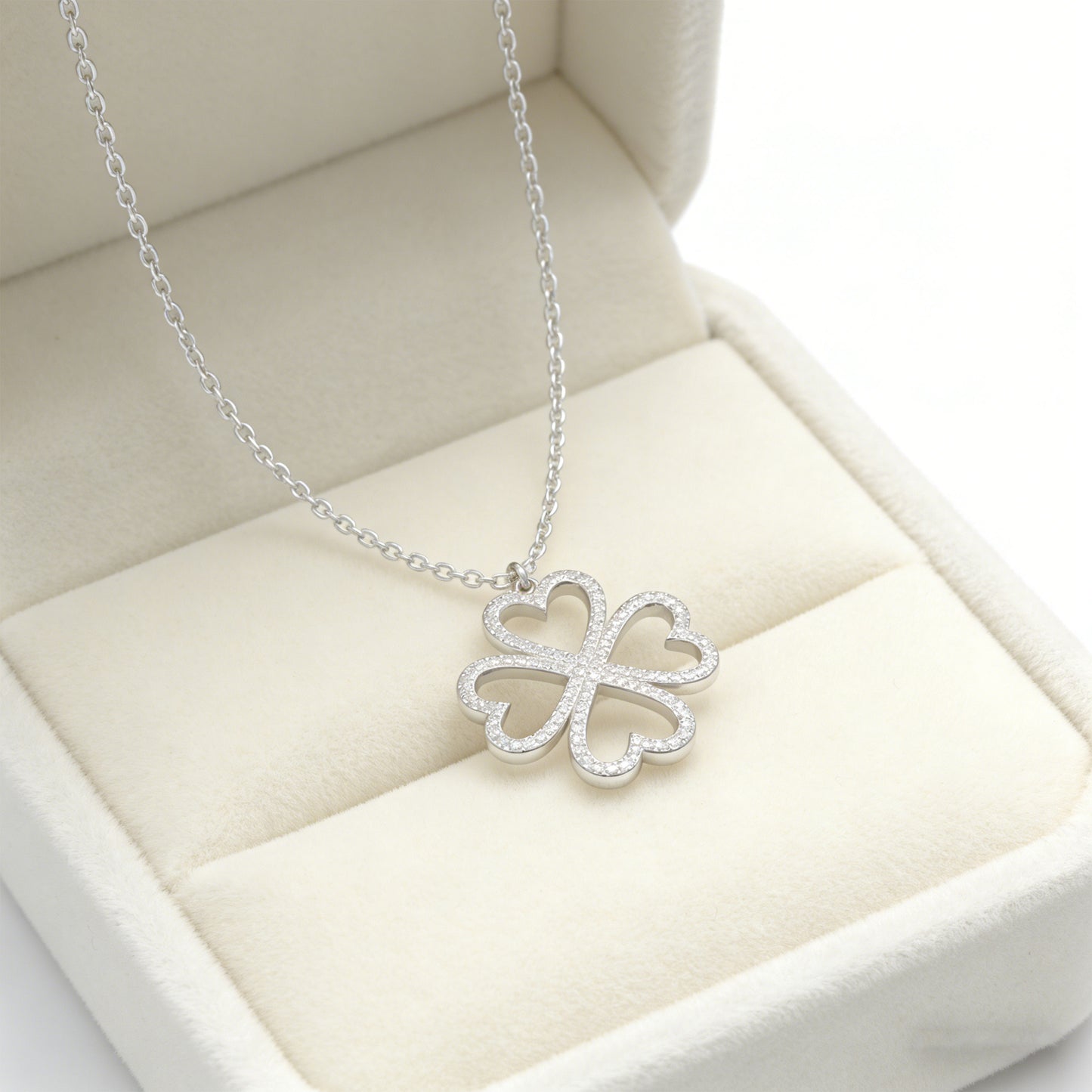 Ophelia Eternity 10K/14K White Gold Four-Leaf Clover Heart Pendant Necklace with 0.5ct Lab-Grown Diamonds, Good Luck Jewelry Gift for Women, Sisters, Lovers & Clients