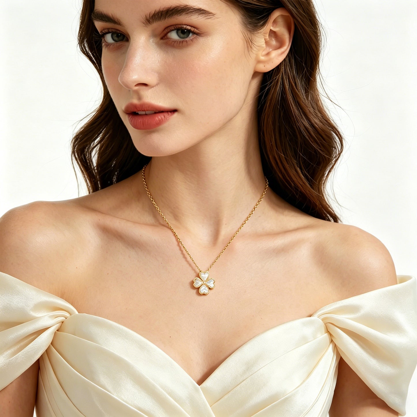10K 14K Yellow Gold Heart Pendant Necklace, 0.5CT Lab Grown Diamond with 4 Natural Mother of Pearl Handmade Fine Jewelry 中文