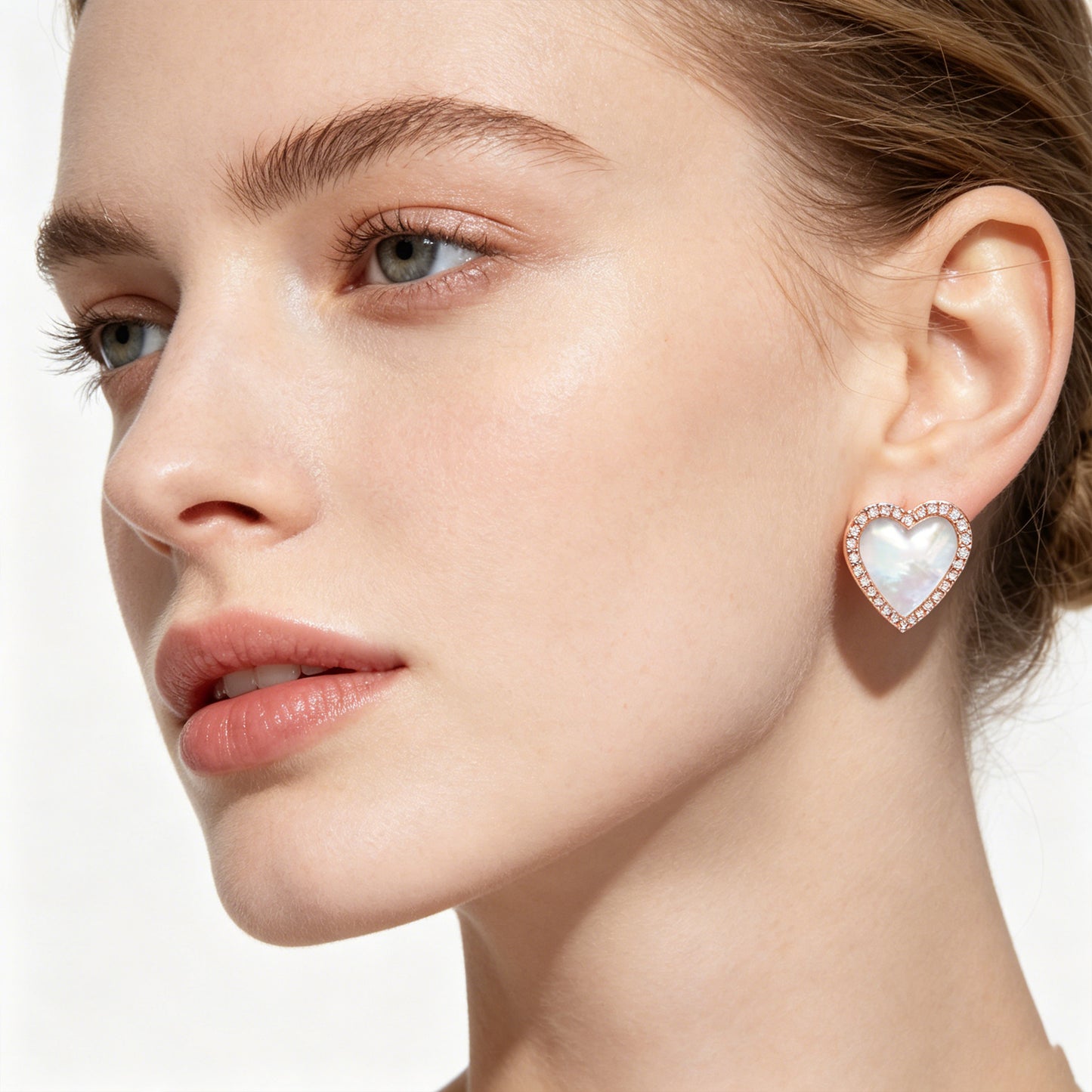 Heart Stud Earrings, 10K/14K Rose Gold, 0.4ct Lab Grown Diamond Halo & Mother of Pearl, Daily Wear Earrings for Women