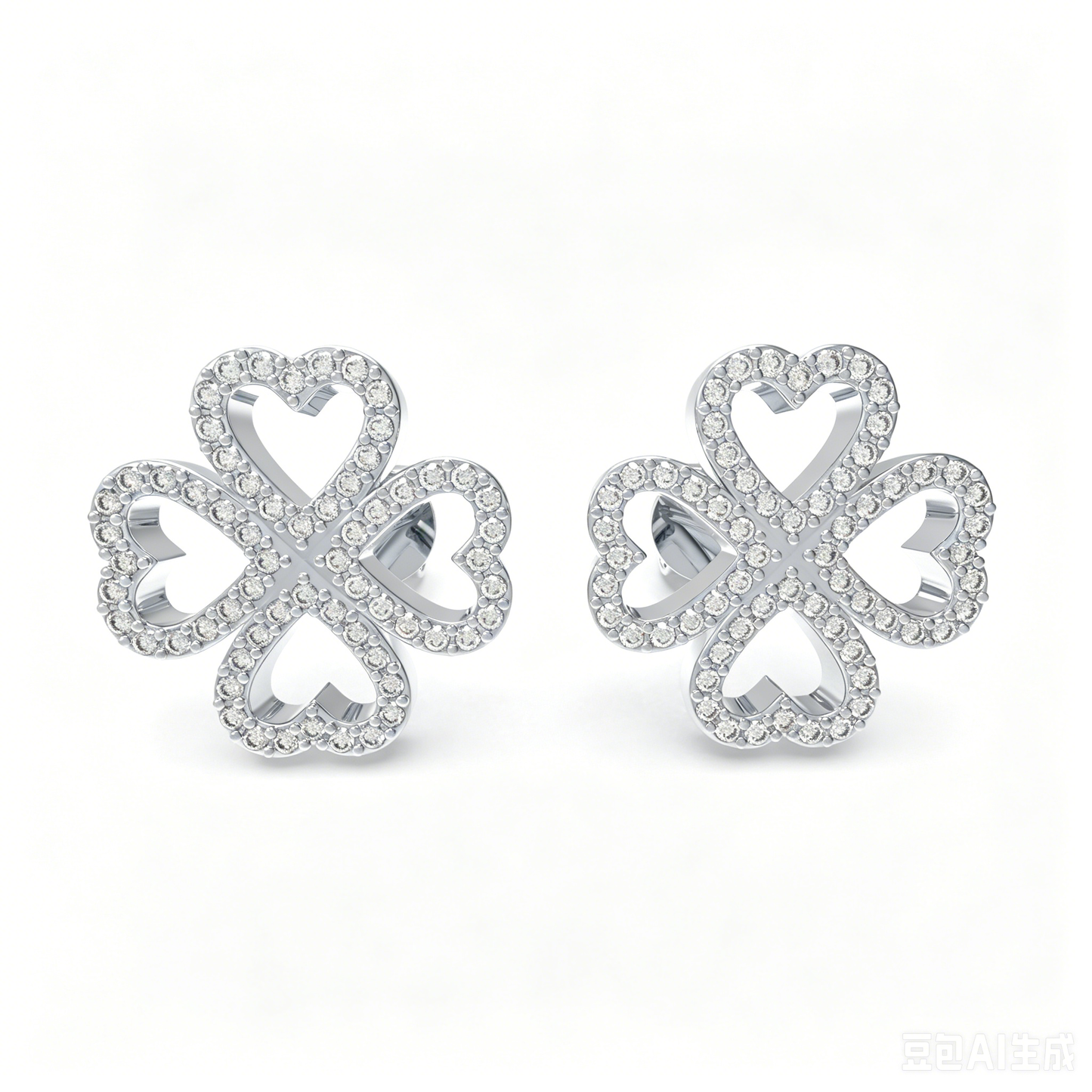 10K/14K White Gold or Platinum 950 Clover Stud Earrings, 0.45ct Lab Grown Diamond Heart Earrings, Lucky Four-Leaf Clover Jewelry
