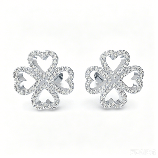 10K/14K White Gold or Platinum 950 Clover Stud Earrings, 0.45ct Lab Grown Diamond Heart Earrings, Lucky Four-Leaf Clover Jewelry