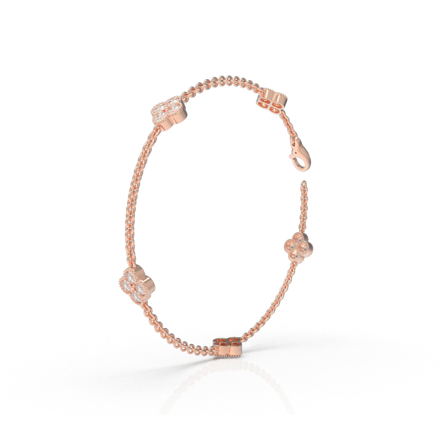Sterling Silver 14K Rose Gold Plated Four Leaf Clover Lucky Bracelet with 1ct/2ct/3ct Moissanite, Gift for Women