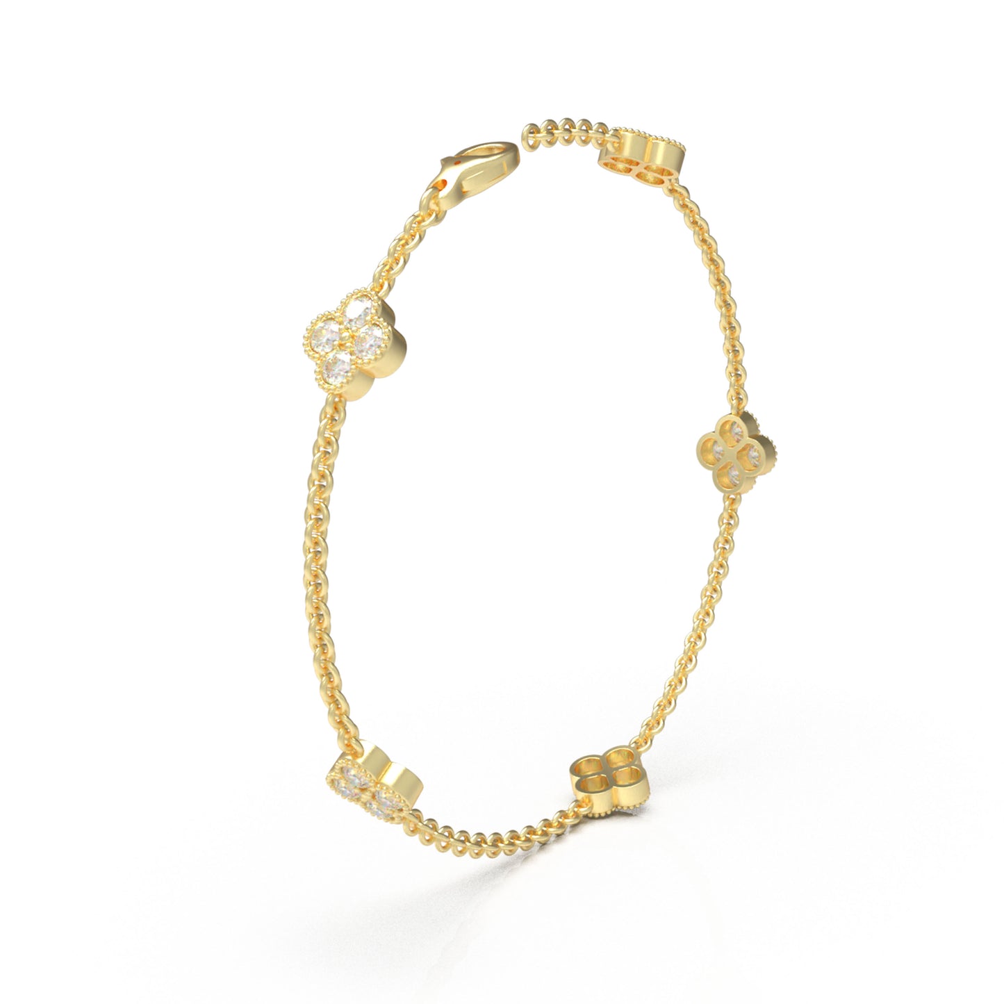 Sterling Silver 14K Gold Plated Four Leaf Clover Lucky Bracelet with 1ct/2ct/3ct Moissanite Stones, Gift for Her