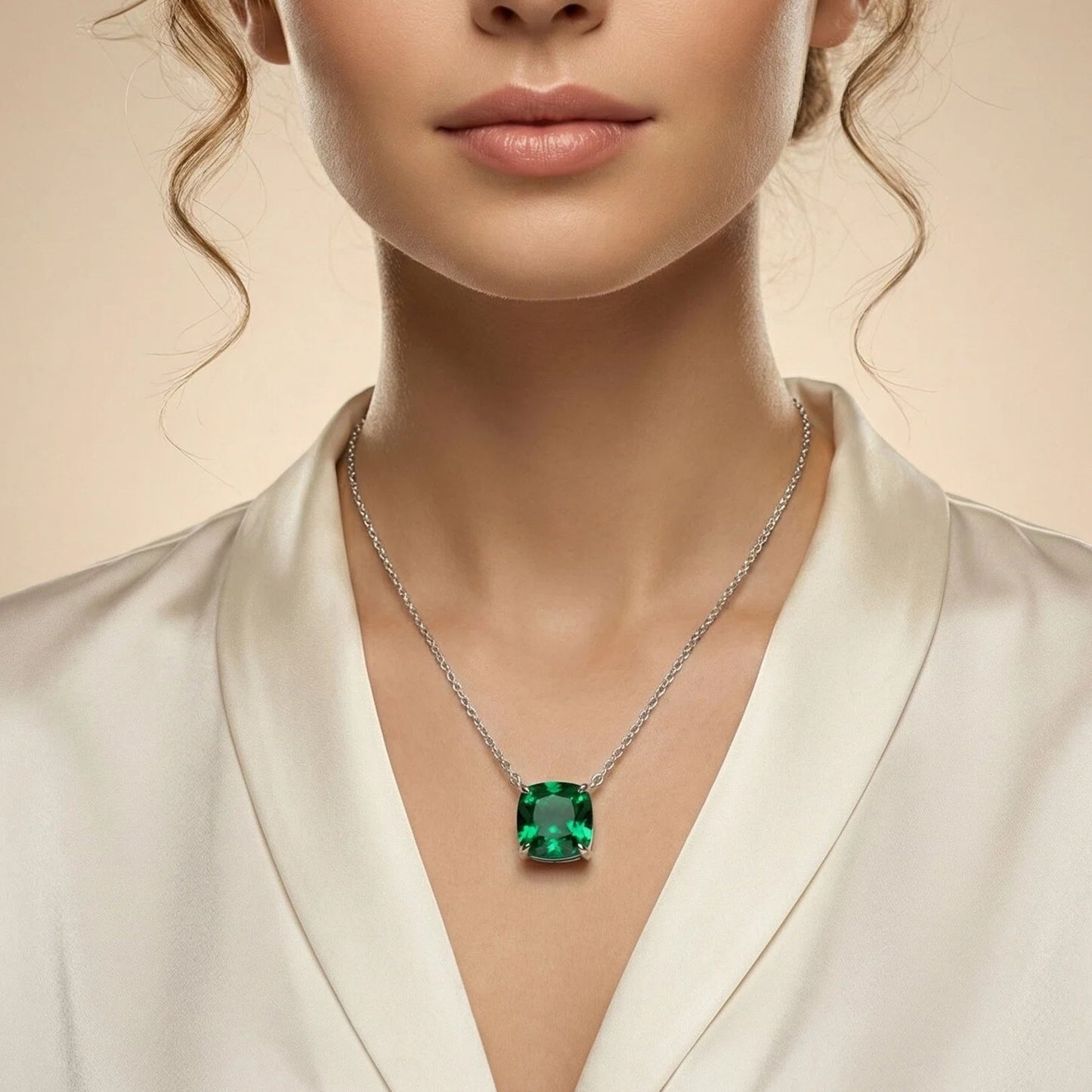 Handmade 925 Sterling Silver Cushion Cut Lab-Grown Emerald Pendant, Luxury Green Gemstone Jewelry Gift