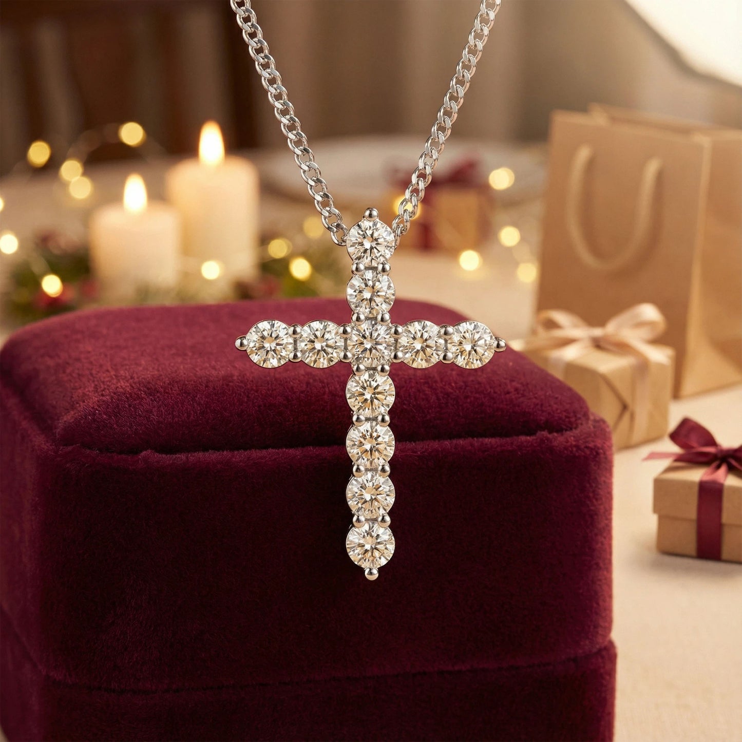 Lab-Grown Diamond Cross Necklace in White Gold/Platinum, Gift for Her
