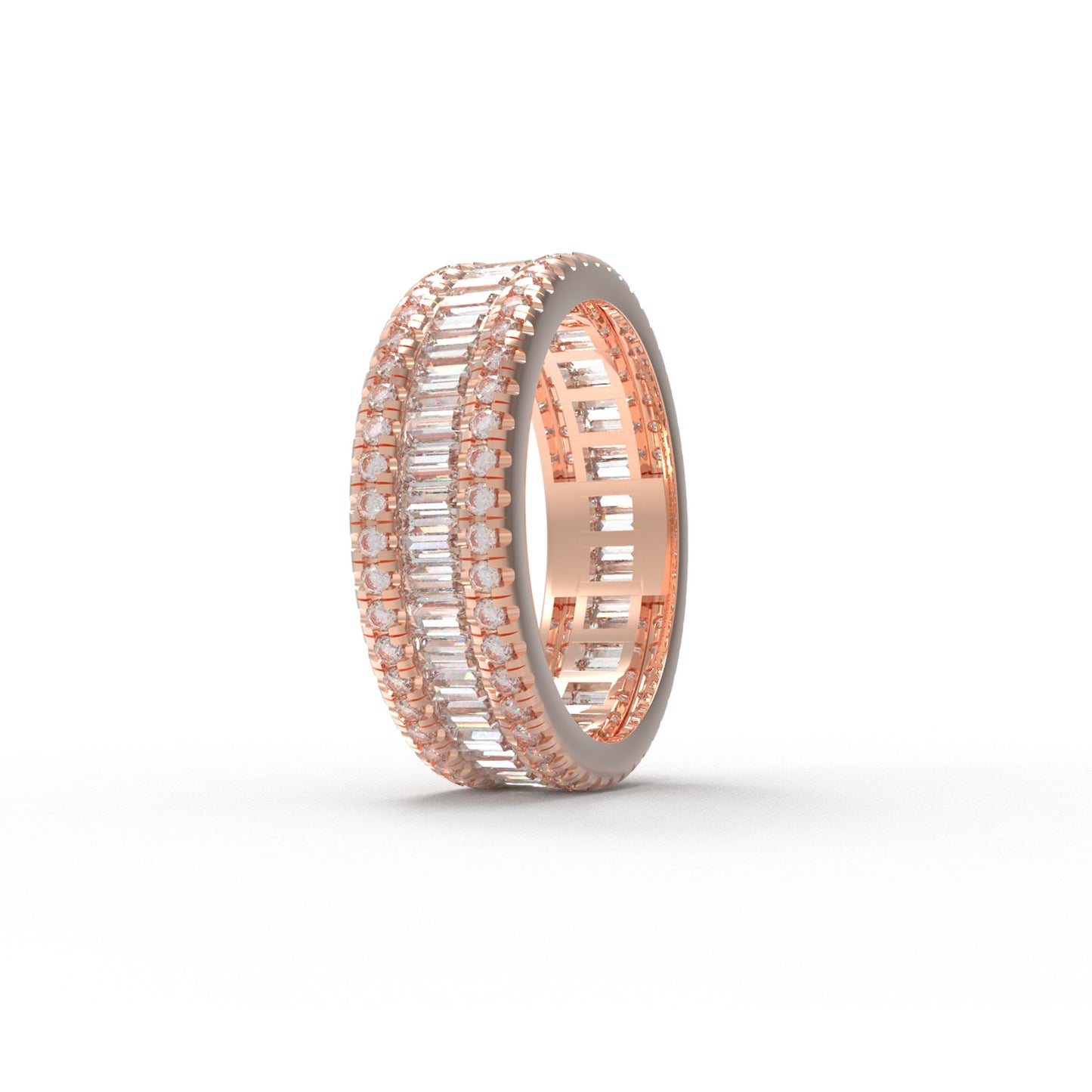 14K Rose Gold Plated Eternity Ring – 96 Round & 45 Baguette Moissanite – Engagement Wedding Band