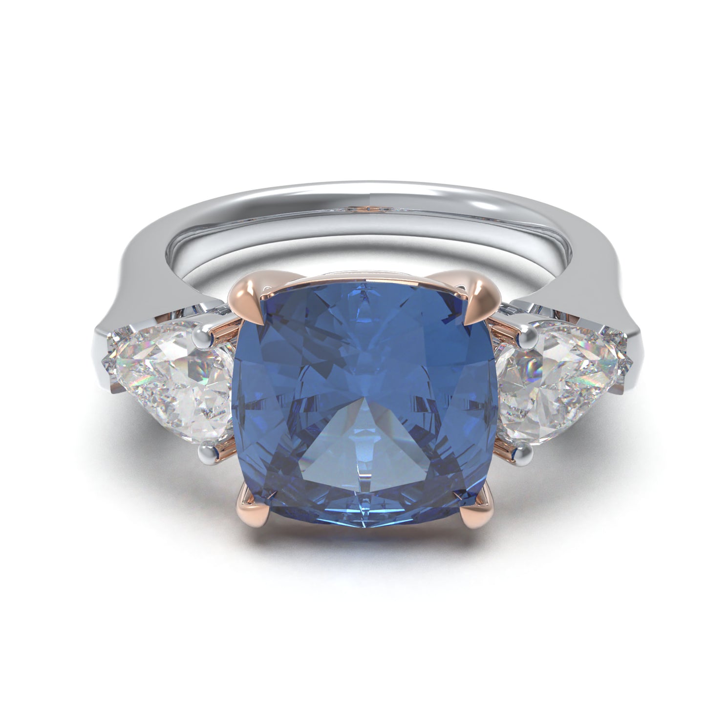 Handmade Three - Stone Ring with Lab - Grown Sapphire (2.8CT/4CT) & Lab - Grown Diamond Accents, 9K/14K/18K White Gold & Platinum Optional