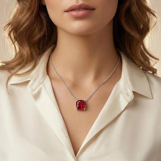 Handmade 925 Sterling Silver Cushion Cut Lab-Grown Ruby Pendant, Luxury Jewelry Gift for Her