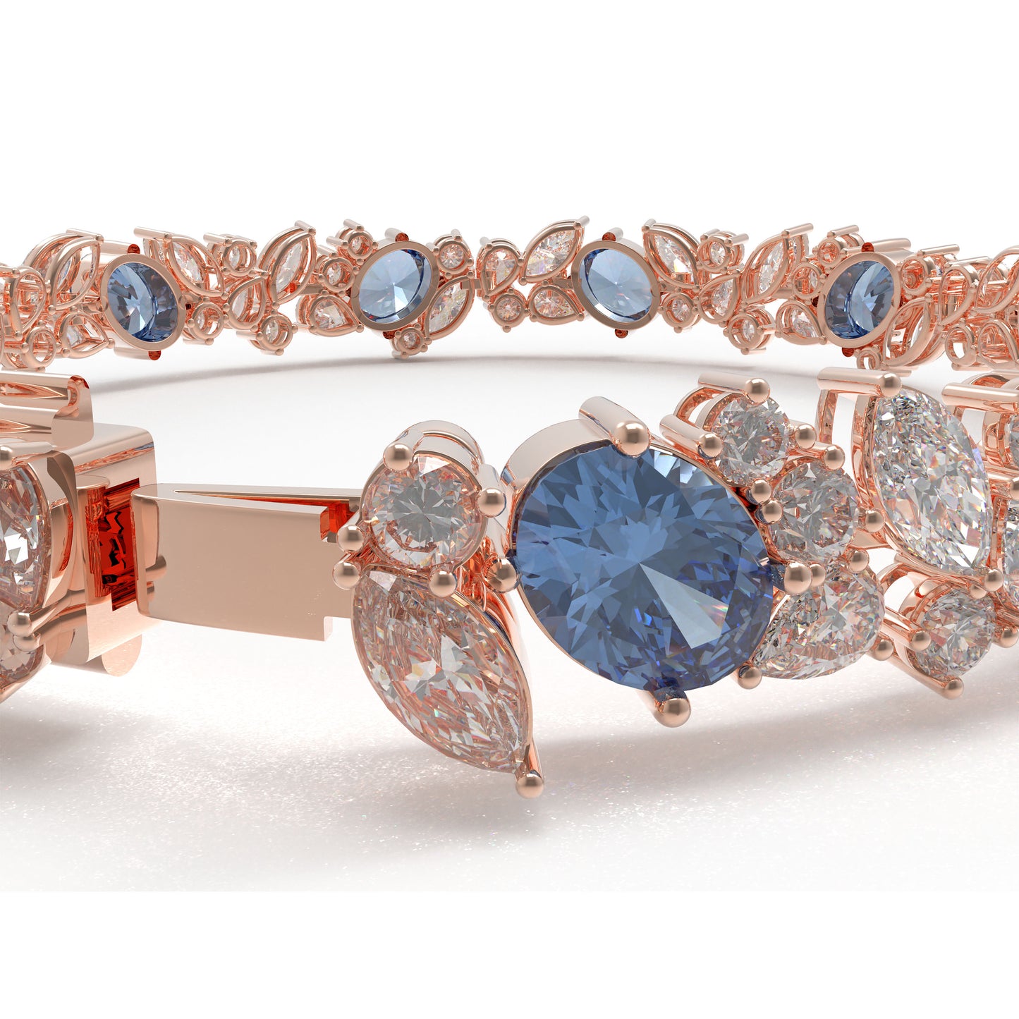925 Sterling Silver 14K Rose Gold Plated Marquise Bracelet – 11 Lab-Created Marquise Sapphires & 33 Pear Moissanite, 10ct/12ct/15ct Total Carat, Luxury Jewelry Gift for Wife, Mother, Sister