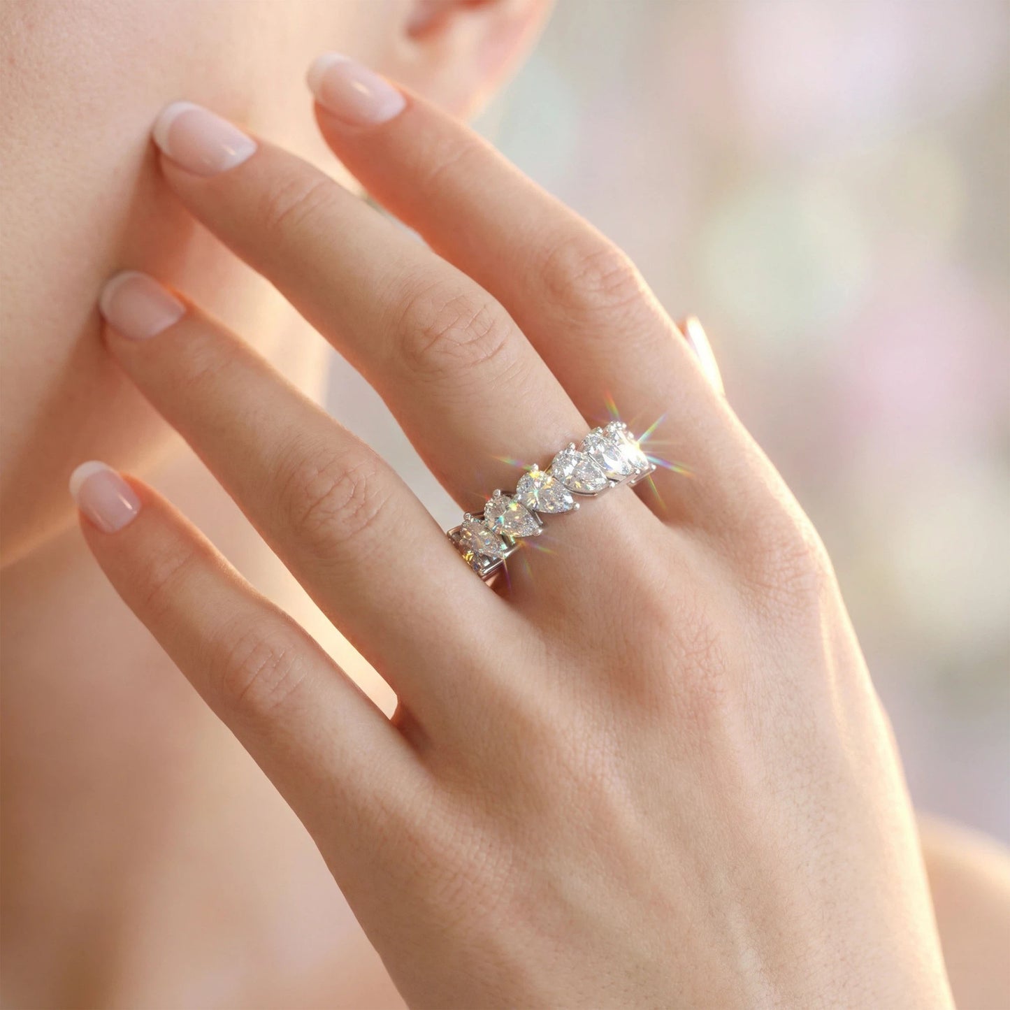 925 Sterling Silver Pear Cut Lab Created Moissanite Eternity Band 3CT Wedding Anniversary Ring