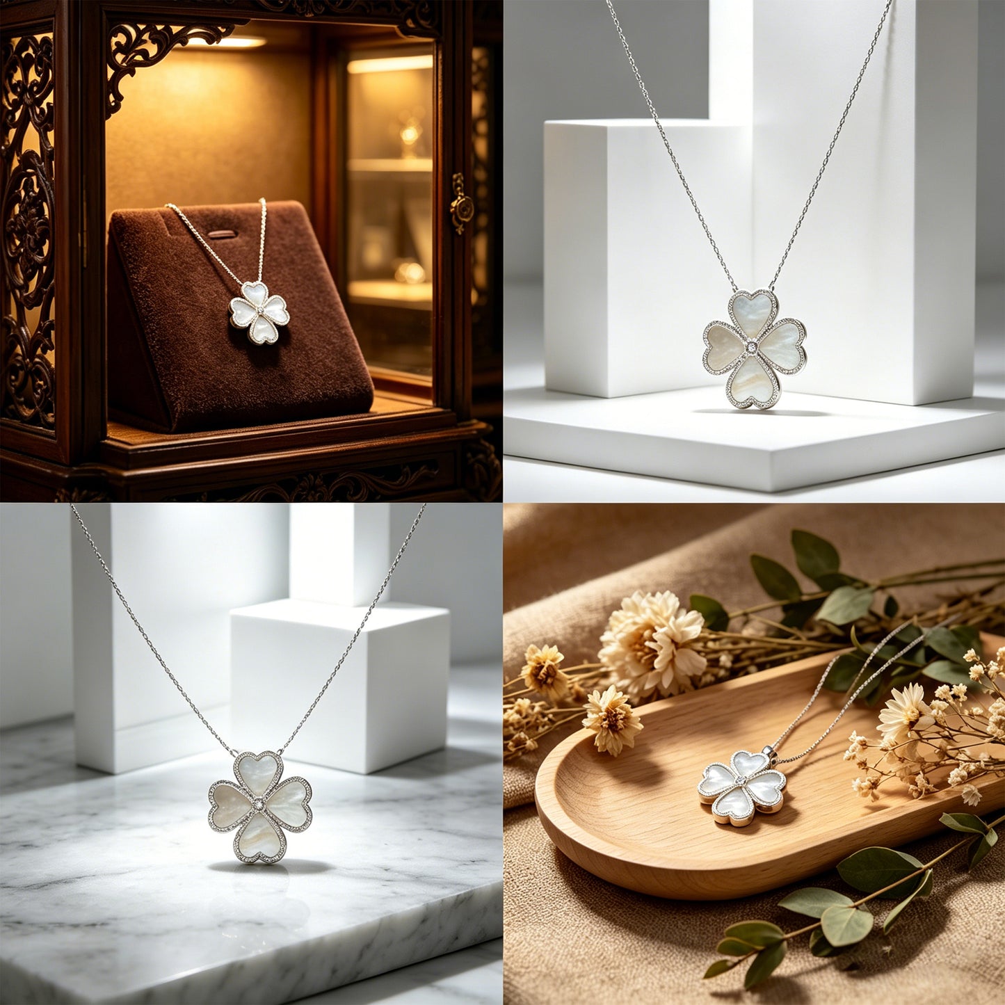 10K/14K White Gold Heart Clover Pendant Necklace, 0.5CT Lab Grown Diamond with Natural Mother of Pearl Handmade Jewelry Gift