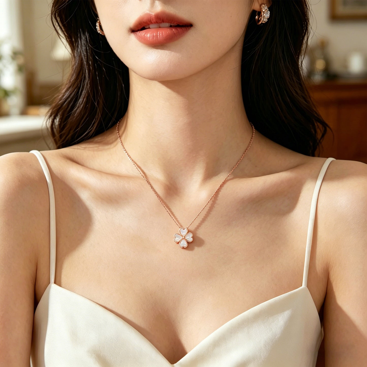 10K/14K Rose Gold Heart Pendant Necklace, 0.5CT Lab Grown Diamond & Natural Mother of Pearl Handmade Fine Jewelry