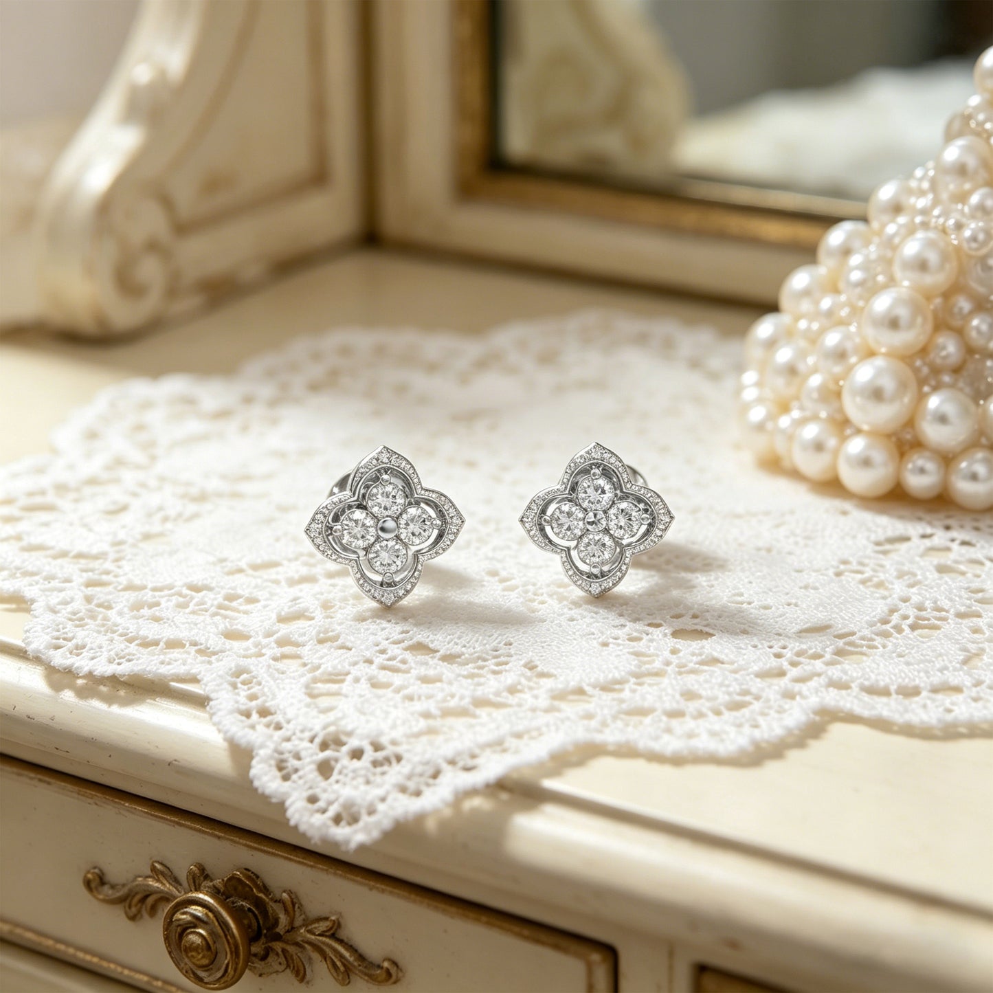 10K/14K White Gold or Platinum Clover Lab-Grown Diamond Stud Earrings, 0.4 CTW, Song Dynasty Inspired