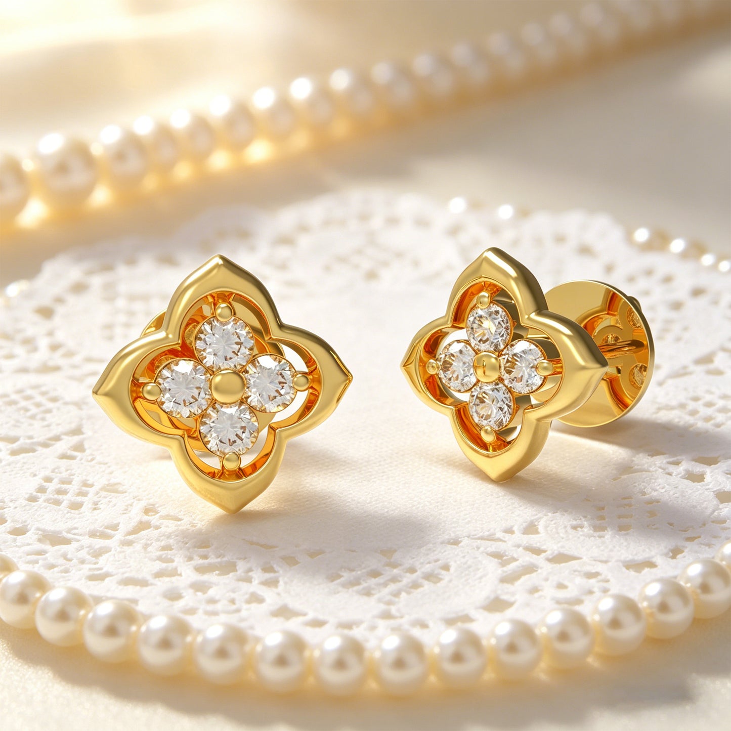 10K/14K Yellow Gold Clover Lab-Grown Diamond Stud Earrings, 0.4 CTW, Song Dynasty Inspired