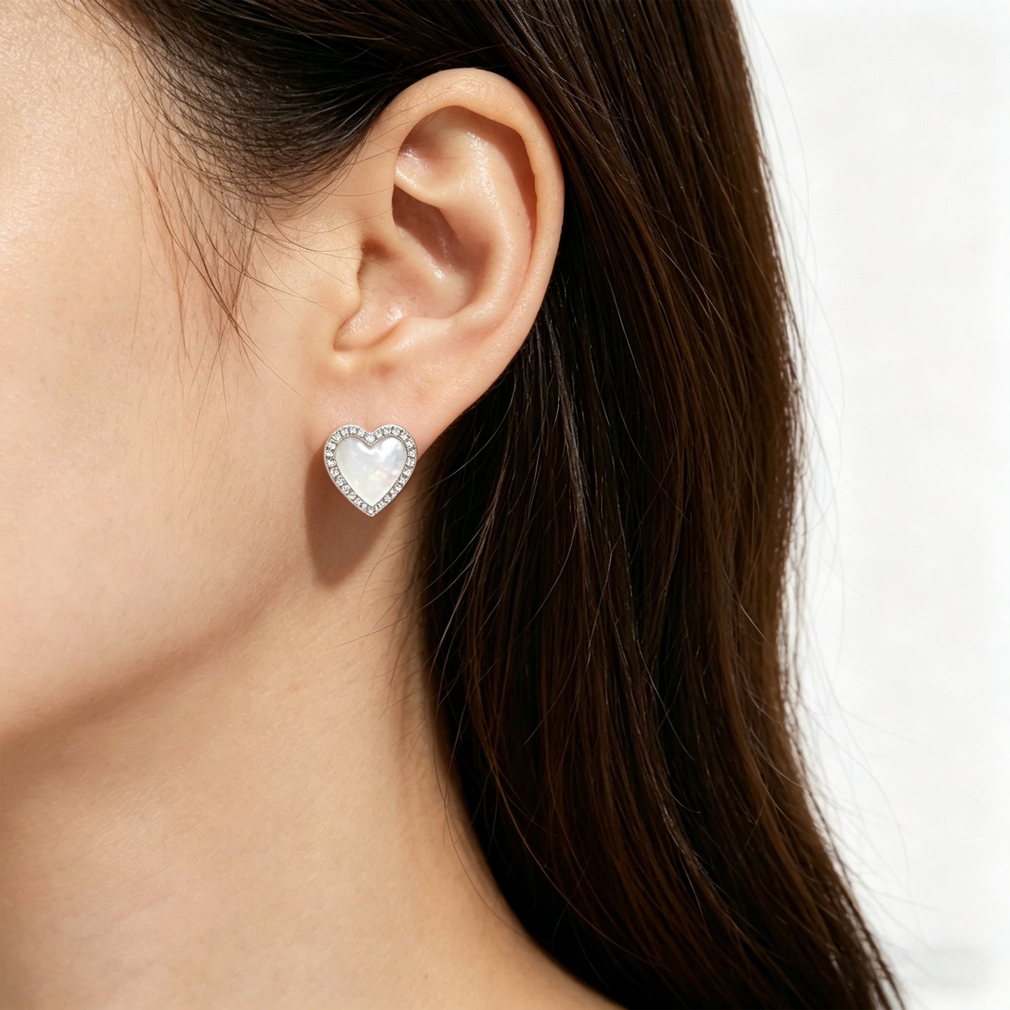 925 Sterling Silver Heart Stud Earrings, 0.4ct Lab Grown Moissanite & Mother of Pearl, Hypoallergenic Daily Wear Earrings for Women