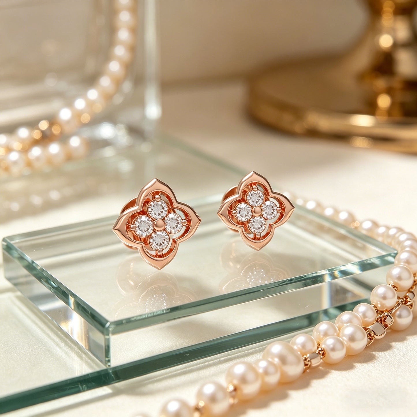 10K/14K Rose Gold Clover Lab-Grown Diamond Stud Earrings, 0.4 CTW, Song Dynasty Inspired