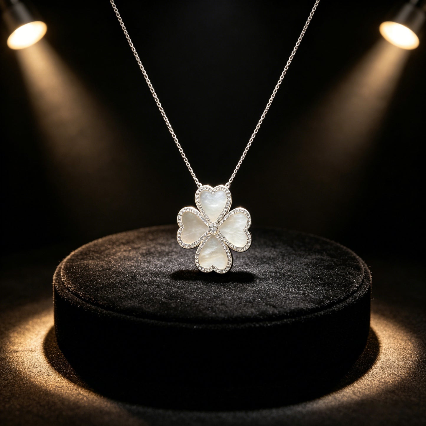 10K/14K White Gold Heart Clover Pendant Necklace, 0.5CT Lab Grown Diamond with Natural Mother of Pearl Handmade Jewelry Gift