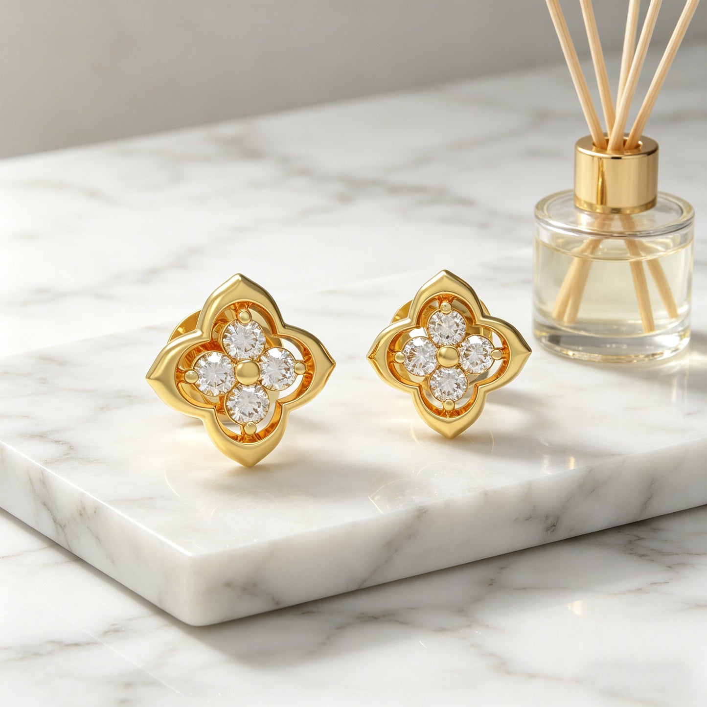 10K/14K Yellow Gold Clover Lab-Grown Diamond Stud Earrings, 0.4 CTW, Song Dynasty Inspired