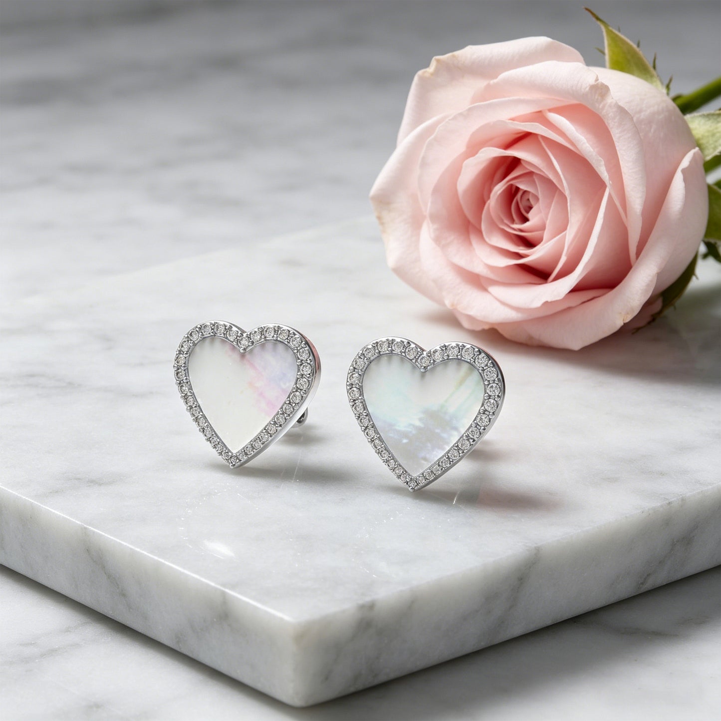 925 Sterling Silver Heart Stud Earrings, 0.4ct Lab Grown Moissanite & Mother of Pearl, Hypoallergenic Daily Wear Earrings for Women