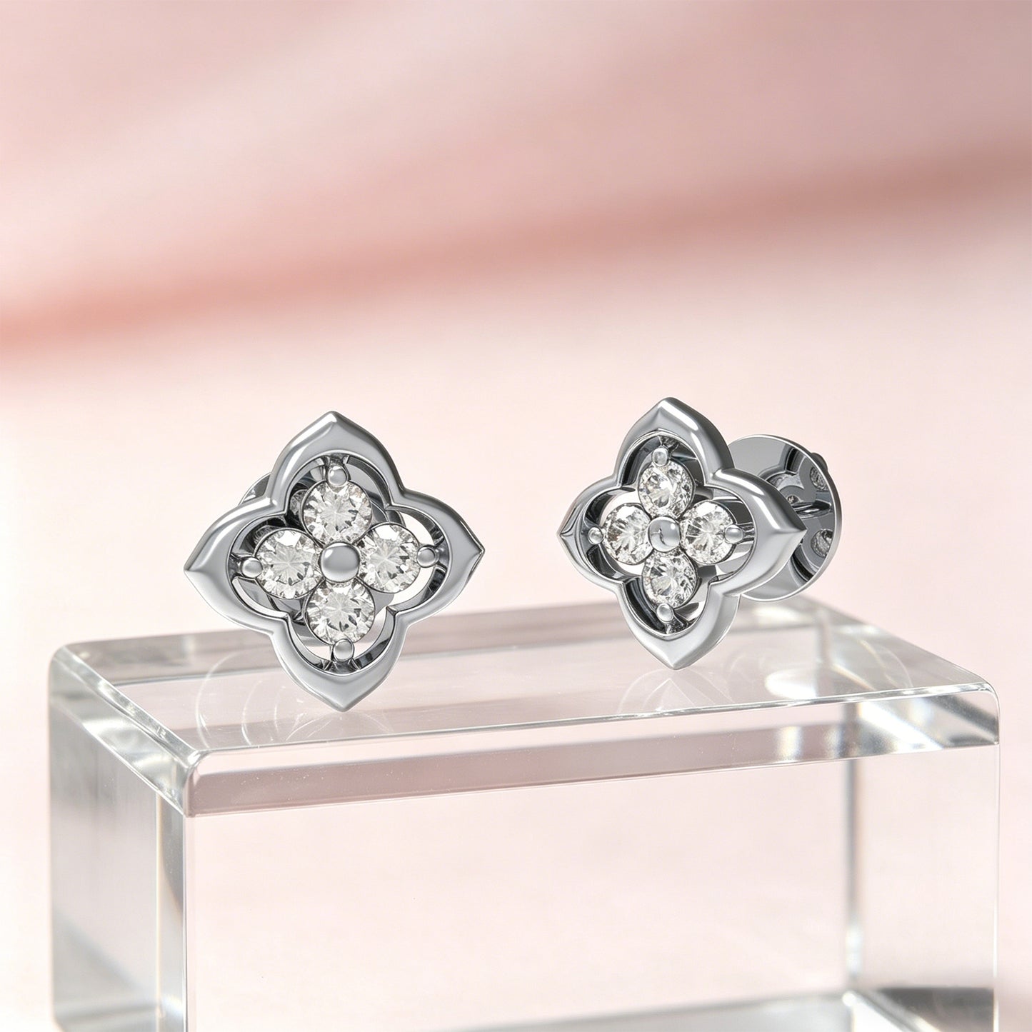 10K/14K White Gold or Platinum Clover Lab-Grown Diamond Stud Earrings, 0.4 CTW, Song Dynasty Inspired