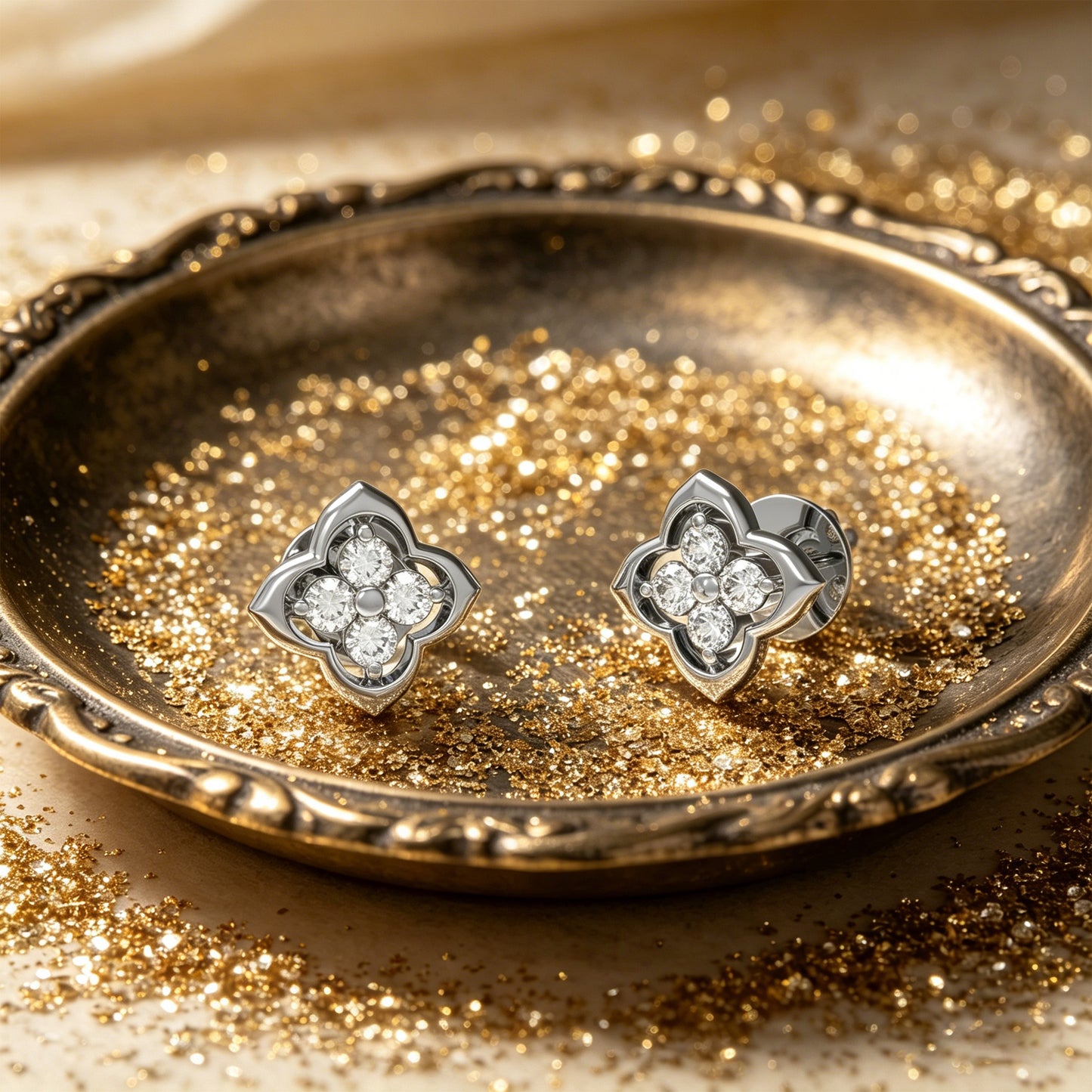 10K/14K White Gold or Platinum Clover Lab-Grown Diamond Stud Earrings, 0.4 CTW, Song Dynasty Inspired