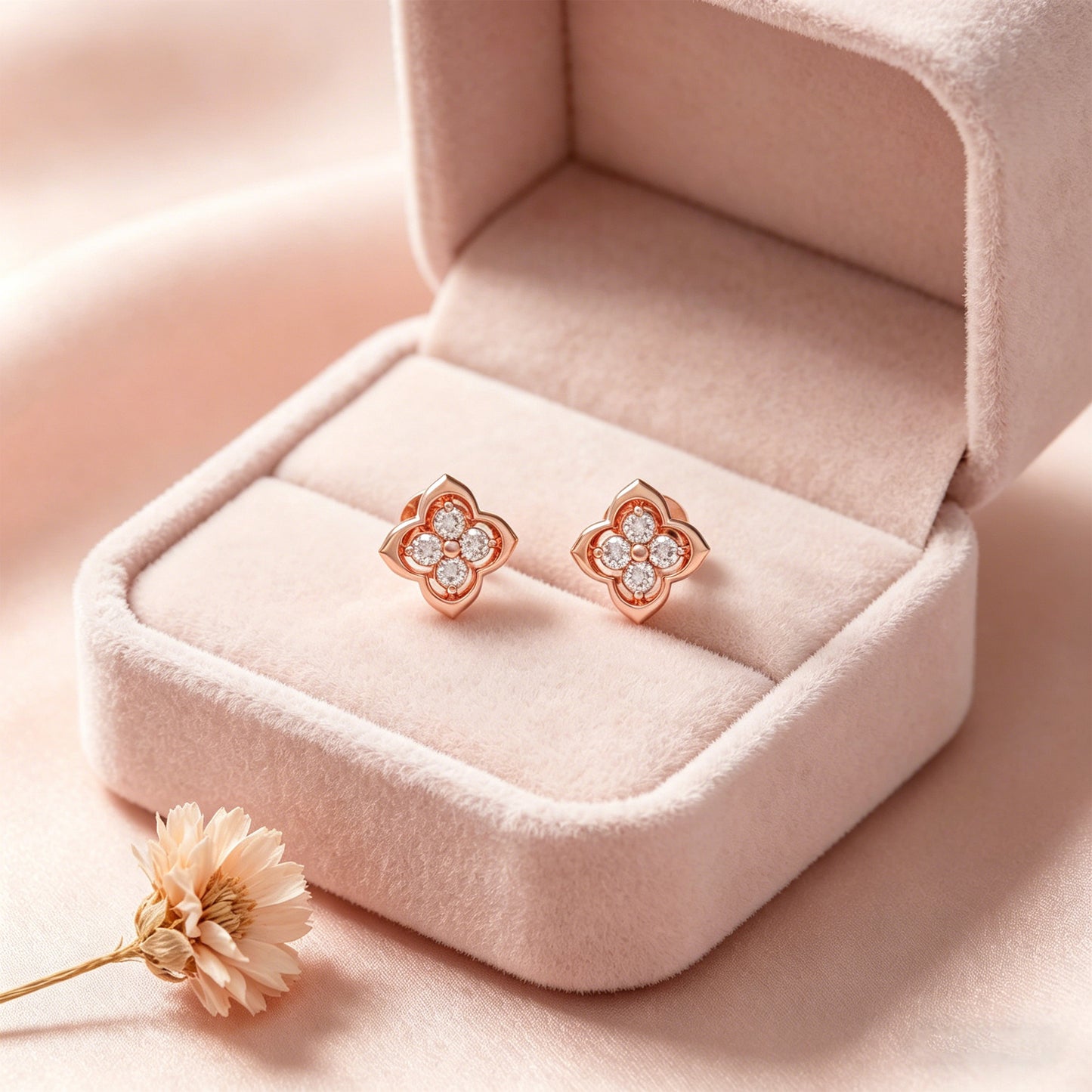 10K/14K Rose Gold Clover Lab-Grown Diamond Stud Earrings, 0.4 CTW, Song Dynasty Inspired
