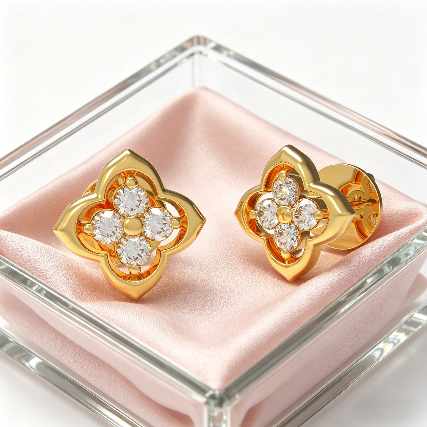 10K/14K Yellow Gold Clover Lab-Grown Diamond Stud Earrings, 0.4 CTW, Song Dynasty Inspired