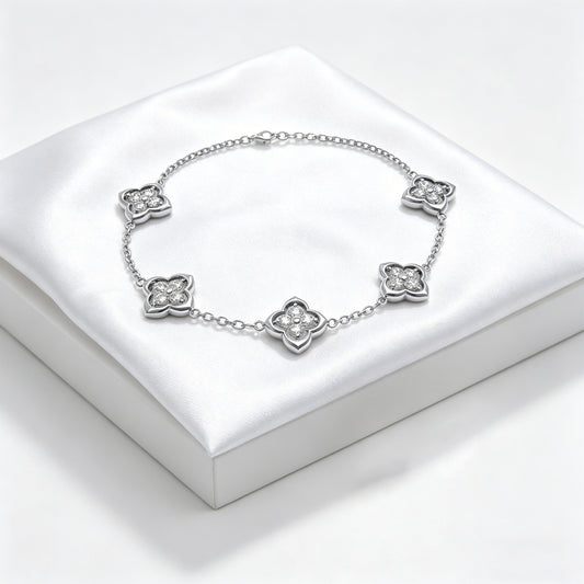 925 Silver Moissanite Four Leaf Clover Bracelet, Women Holiday Gift