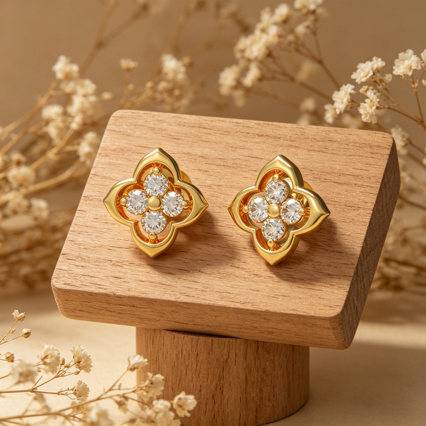 10K/14K Yellow Gold Clover Lab-Grown Diamond Stud Earrings, 0.4 CTW, Song Dynasty Inspired