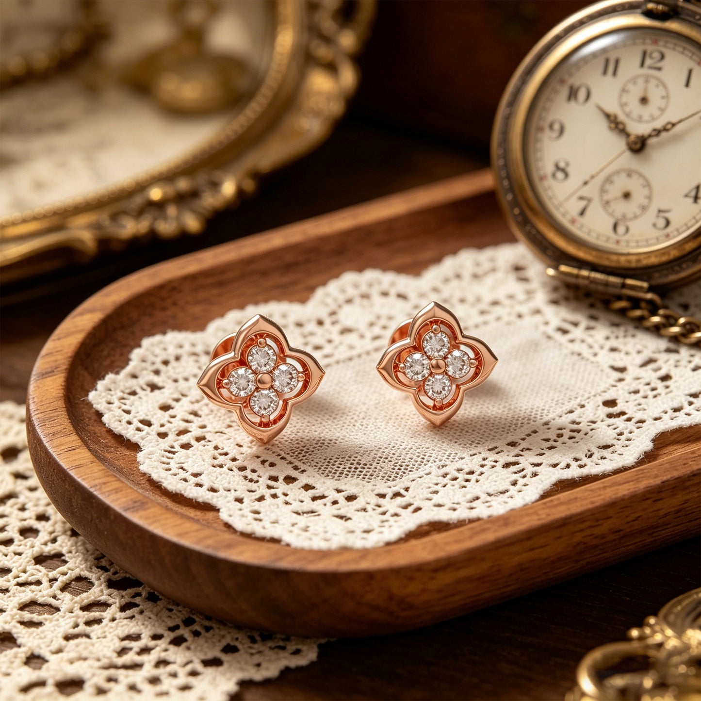 10K/14K Rose Gold Clover Lab-Grown Diamond Stud Earrings, 0.4 CTW, Song Dynasty Inspired