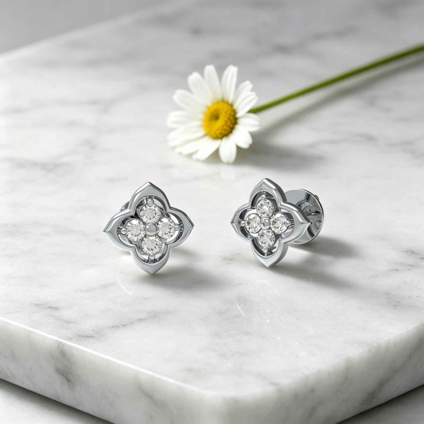 10K/14K White Gold or Platinum Clover Lab-Grown Diamond Stud Earrings, 0.4 CTW, Song Dynasty Inspired