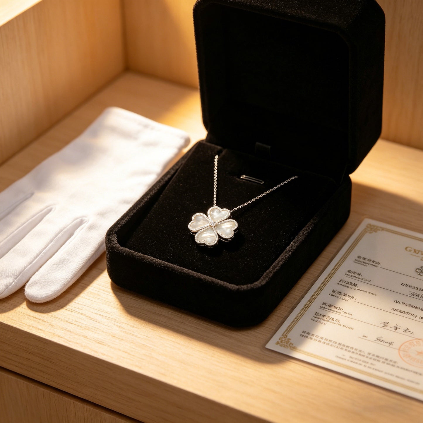10K/14K White Gold Heart Clover Pendant Necklace, 0.5CT Lab Grown Diamond with Natural Mother of Pearl Handmade Jewelry Gift