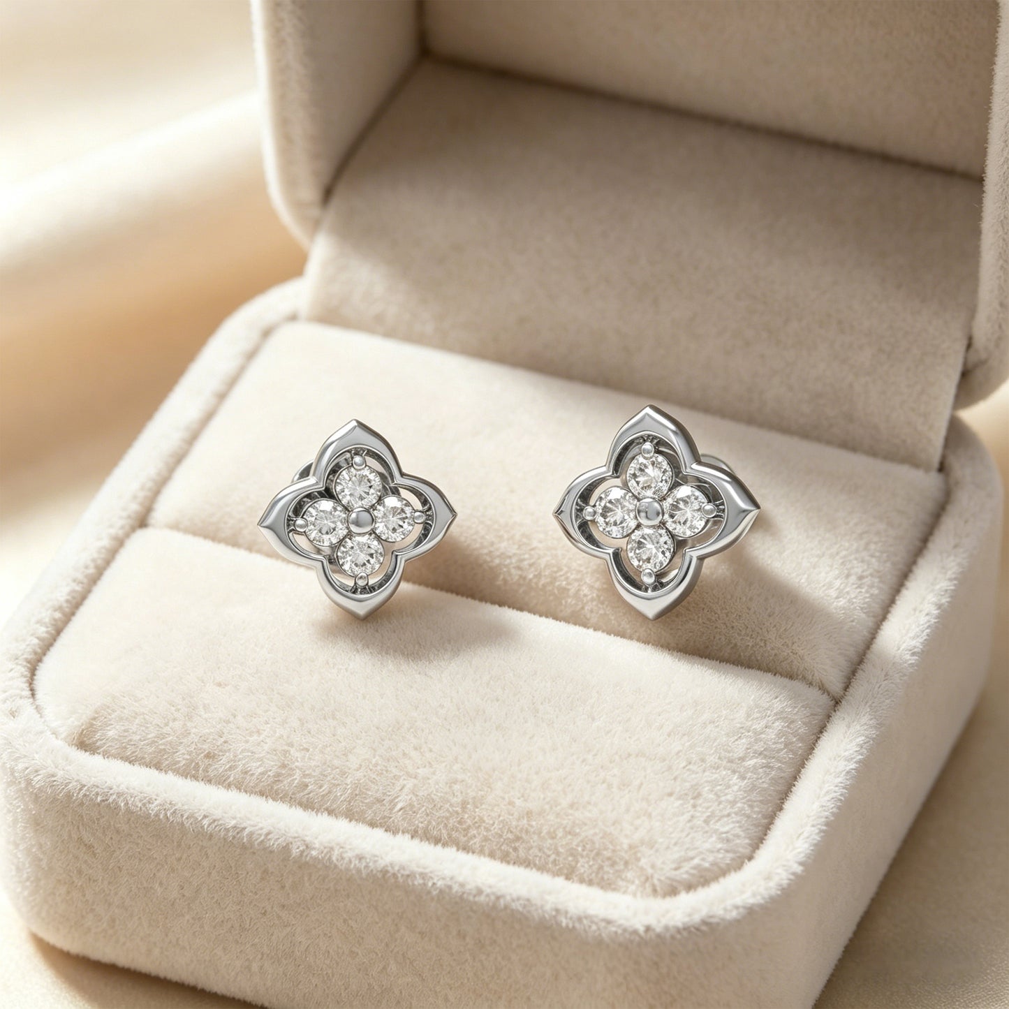 10K/14K White Gold or Platinum Clover Lab-Grown Diamond Stud Earrings, 0.4 CTW, Song Dynasty Inspired