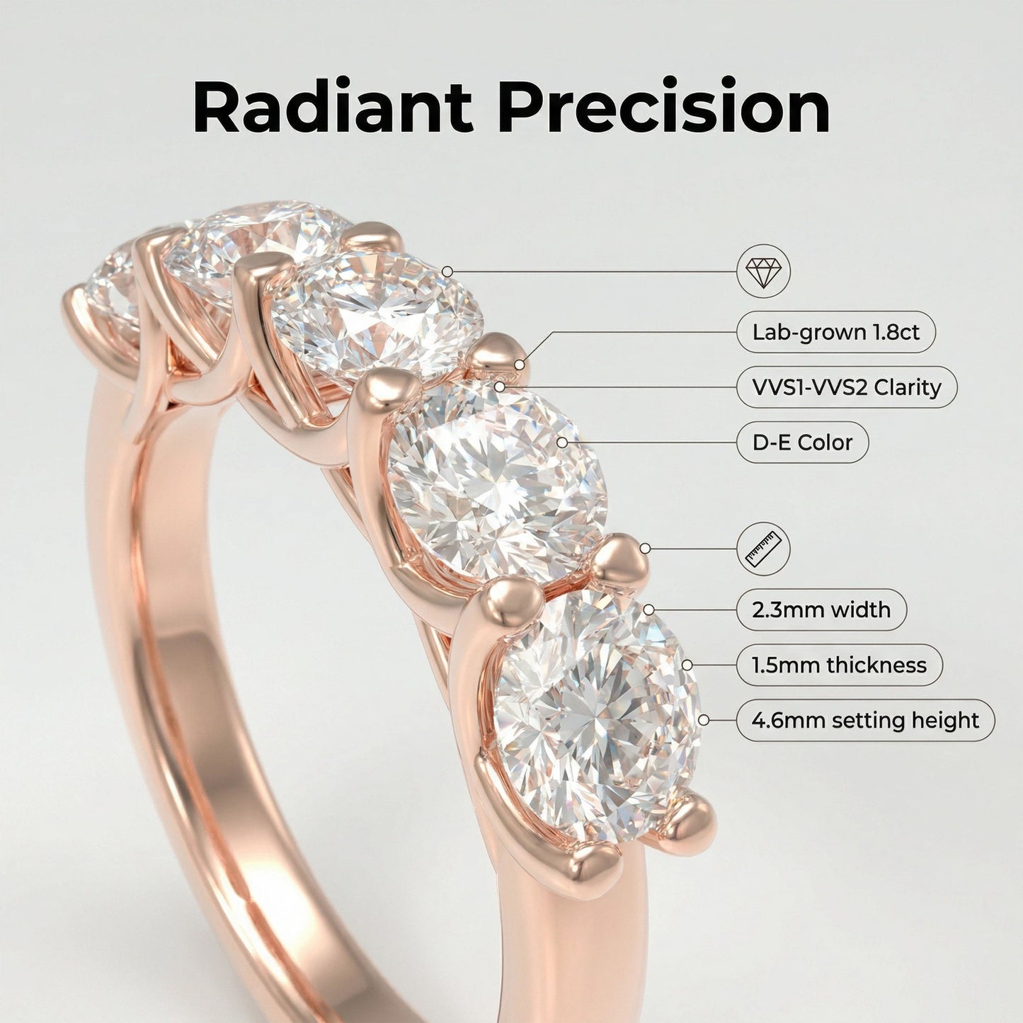 1.8ct Lab Grown Diamond Ring for Women - 6 Stone VVS1-VVS2 D-E Color Engagement Ring, Available in 10K/14K Rose Gold, Perfect Wedding & Anniversary Band