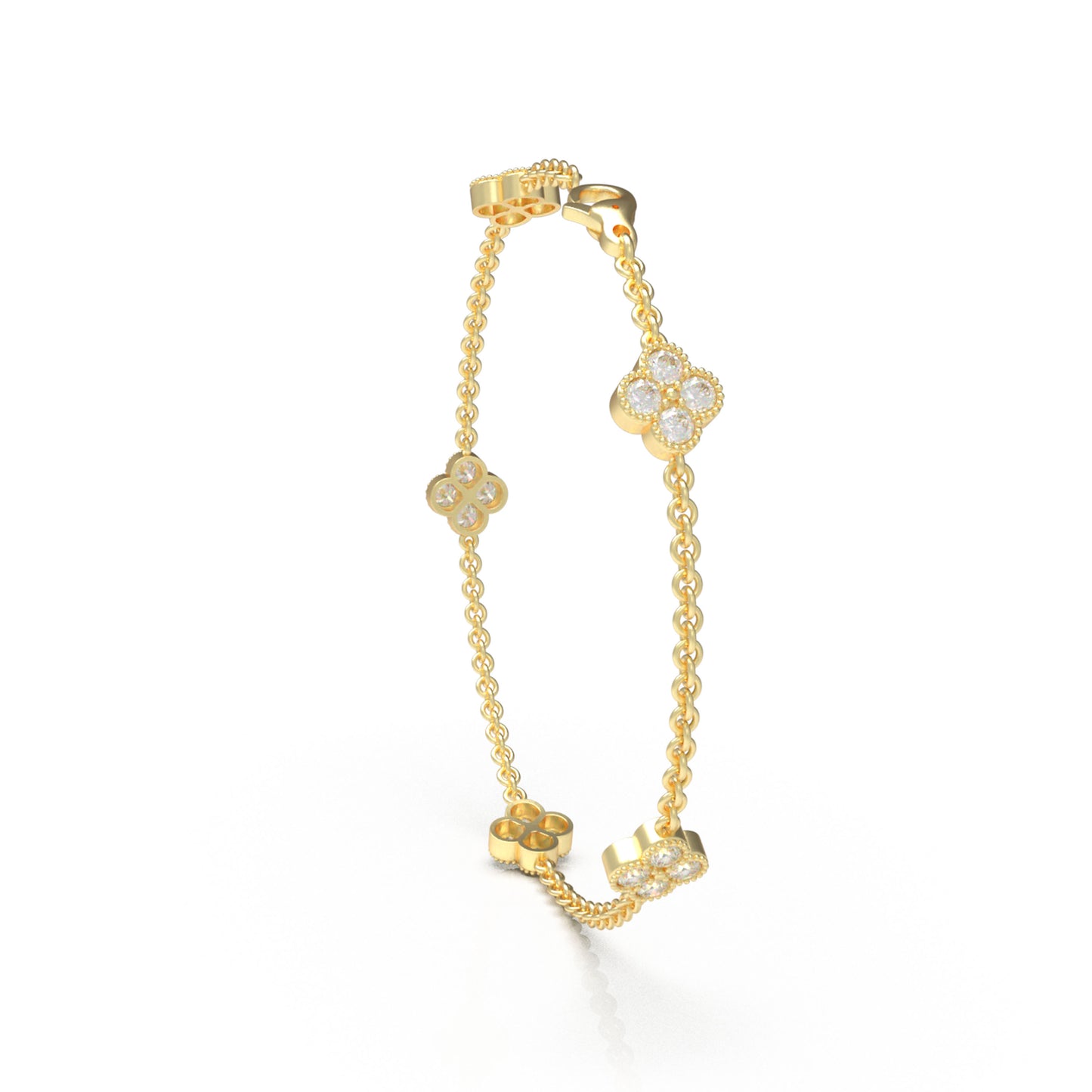 Sterling Silver 14K Gold Plated Four Leaf Clover Lucky Bracelet with 1ct/2ct/3ct Moissanite Stones, Gift for Her