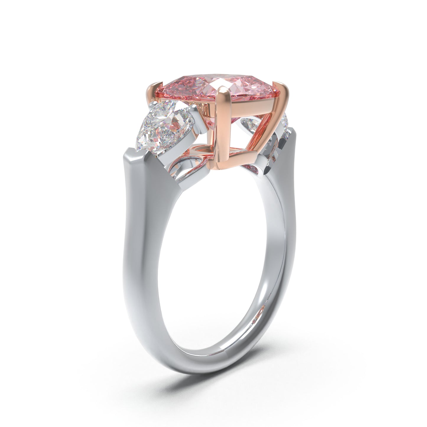 2ct Lab-Grown Pink Cushion Cut Diamond Engagement Ring, 0.8ct Labgrown Pear diamond Side Stones (0.4ct/ea VVS1-VVS2, D-E color) , 10K/14K/18K White Gold or Platinum with Rose Gold Prongs, Wedding & Anniversary Ring