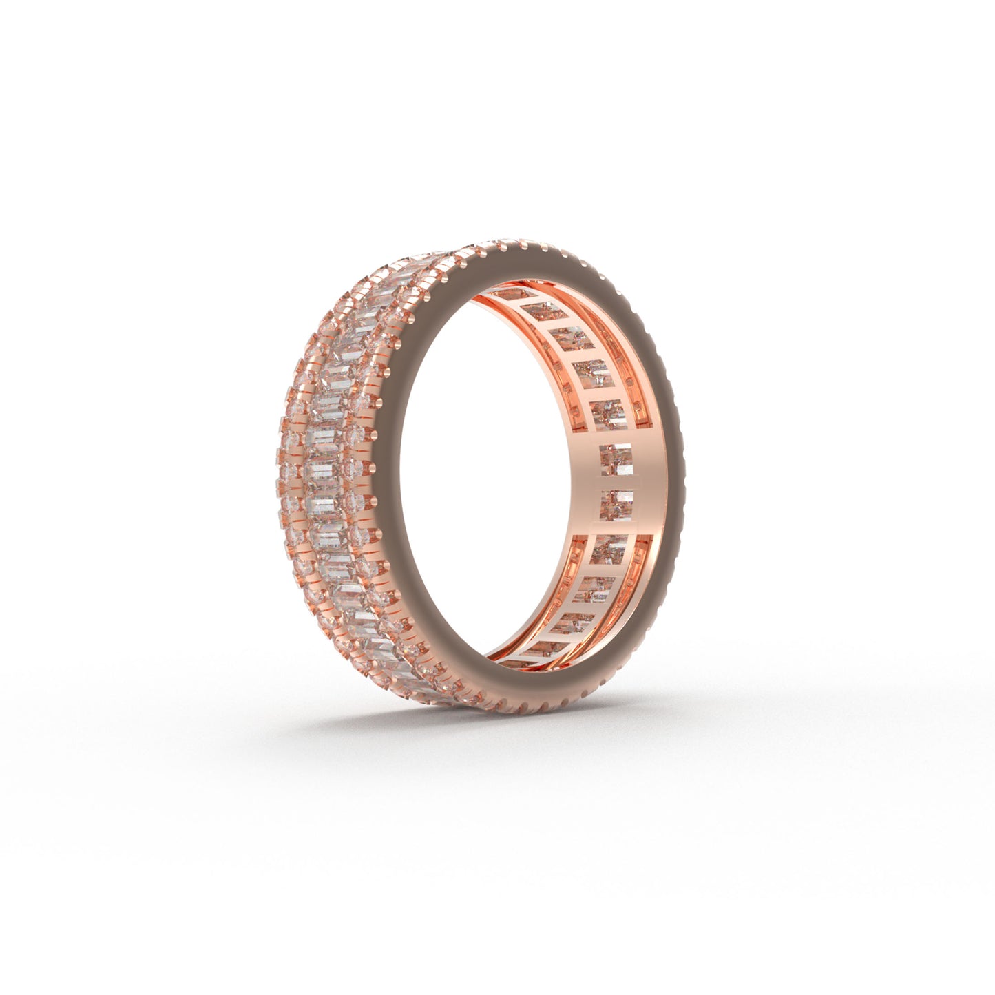 14K Rose Gold Plated Eternity Ring – 96 Round & 45 Baguette Moissanite – Engagement Wedding Band