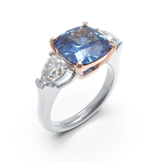Handmade Three - Stone Ring with Lab - Grown Sapphire (2.8CT/4CT) & Lab - Grown Diamond Accents, 9K/14K/18K White Gold & Platinum Optional