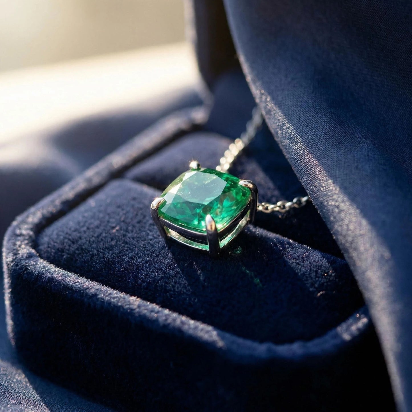 Handmade 925 Sterling Silver Cushion Cut Lab-Grown Emerald Pendant, Luxury Green Gemstone Jewelry Gift