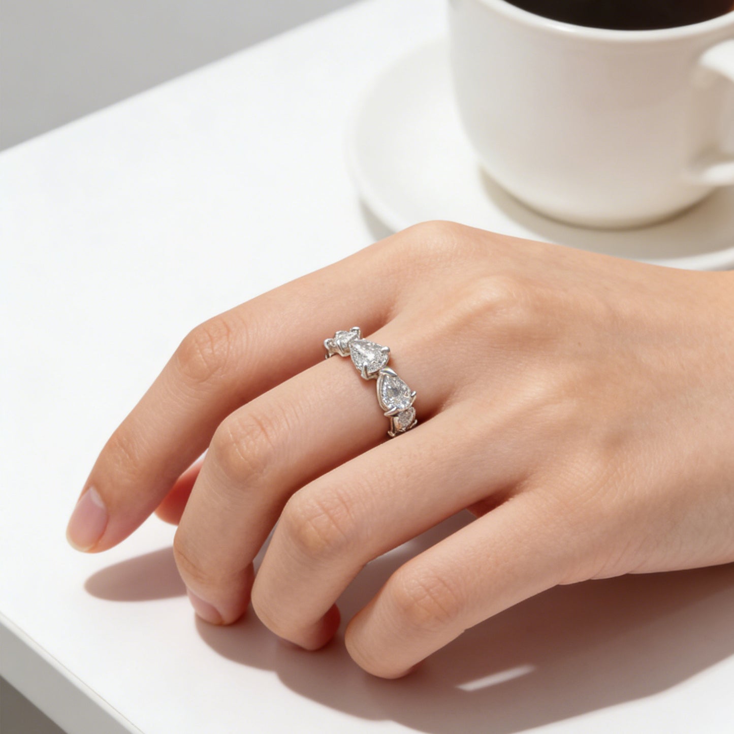 Pear Cut Moissanite Eternity Ring Sterling Silver Wedding Band
