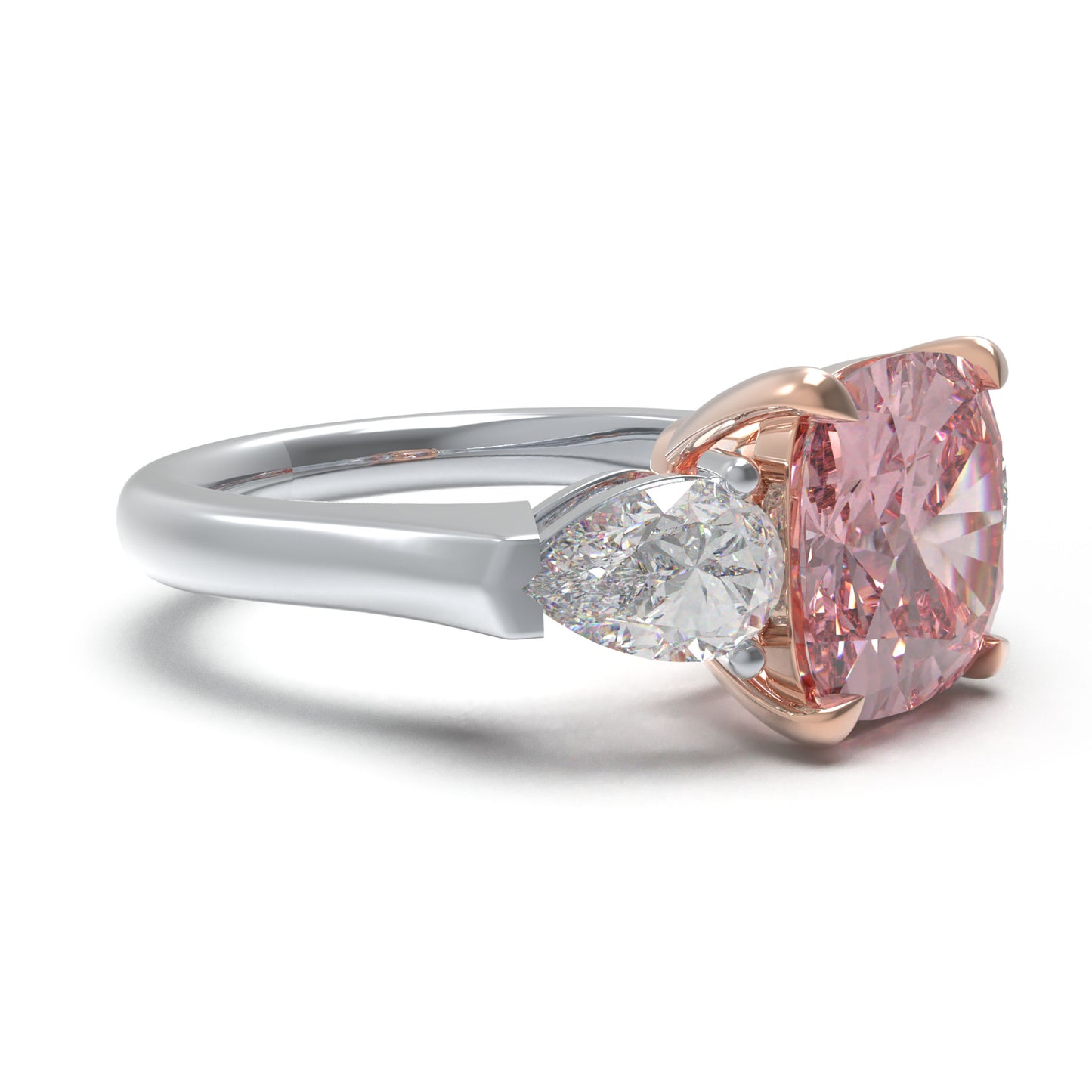 2ct Lab-Grown Pink Cushion Cut Diamond Engagement Ring, 0.8ct Labgrown Pear diamond Side Stones (0.4ct/ea VVS1-VVS2, D-E color) , 10K/14K/18K White Gold or Platinum with Rose Gold Prongs, Wedding & Anniversary Ring