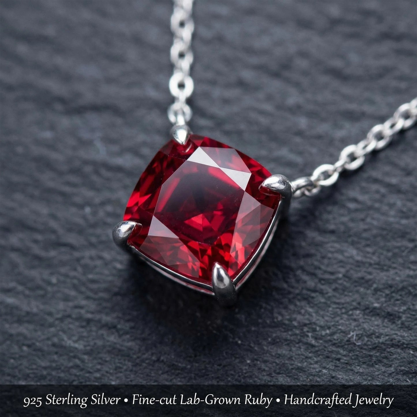 Handmade 925 Sterling Silver Cushion Cut Lab-Grown Ruby Pendant, Luxury Jewelry Gift for Her
