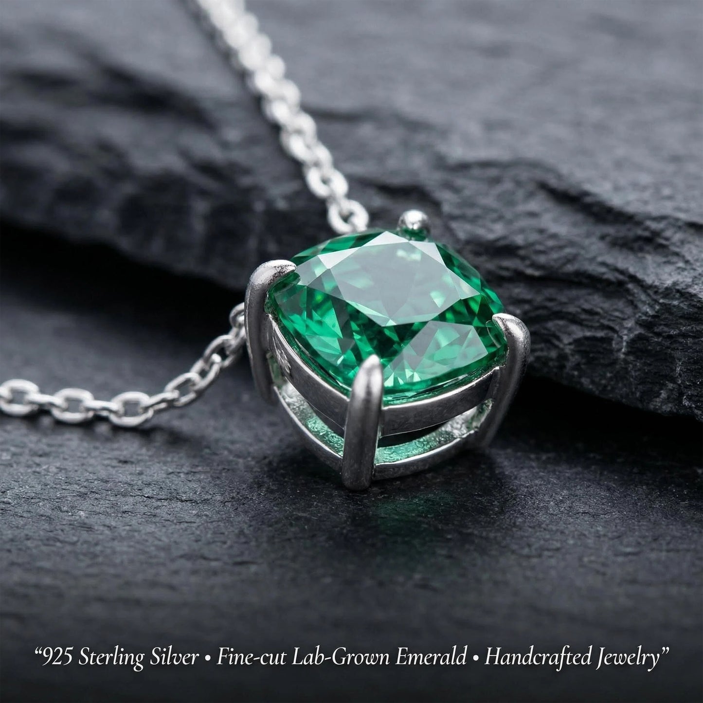 Handmade 925 Sterling Silver Cushion Cut Lab-Grown Emerald Pendant, Luxury Green Gemstone Jewelry Gift